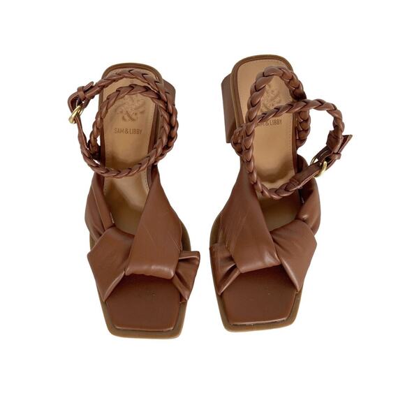 Sam & Libby Square Toe Heels Sandals Camel Brown Faux Leather‎ Braided Womens 9 - Picture 7 of 12